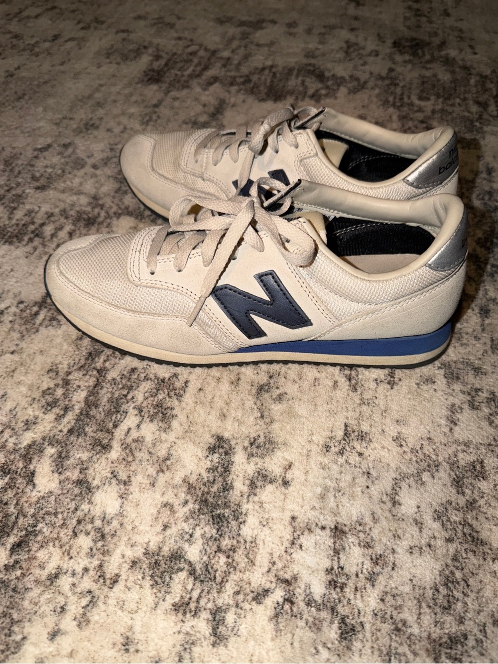 New Balance Women’s Light Gray Suede Sneakers with Navy Accent
